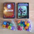 From top left going clockwise; Power and Reference cards (one of each for each character), 64 Interaction cards, x4 meeples for each character, character dice (one for each character).